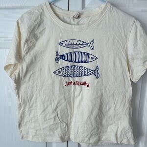 Cream T-Shirt with Blue Fish Design